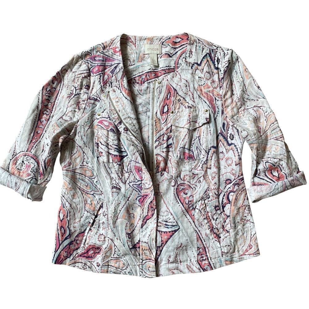 Chico’s Linen Paisley Jacket M | Boho Zip Shirt Shacket, Coral Pink, MSRP $200